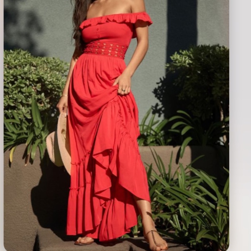 JustFab Off-Shoulder Crochet Maxi Dress Coral Small - Picture 1 of 9